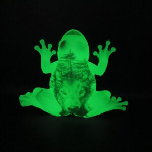 Resin frog with tattoo glows in the dark when charged with either sunlight or a bright light.