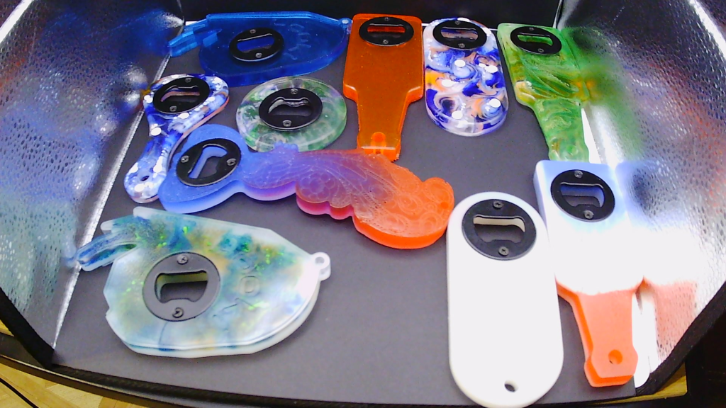 Various bottle openers. Can be customized with different colors, can be solid or different colors together.